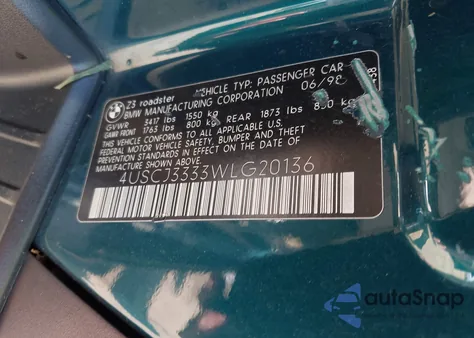 1998 BMW Z3 2.8 из США, поврежденный, VIN 4USCJ3333WLG20136